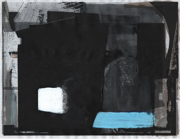 Abstract artwork with black, white, and blue elements on a textured background