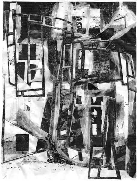 Abstract black and white artwork with geometric shapes