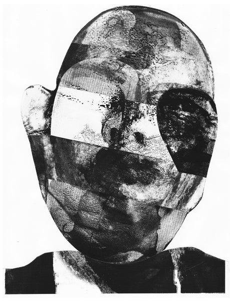 Black and white abstract art of a face with geometric shapes