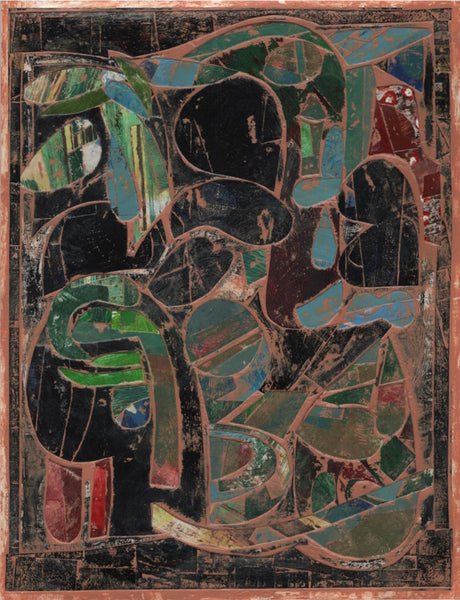Abstract mosaic artwork with geometric shapes and colors on a dark background