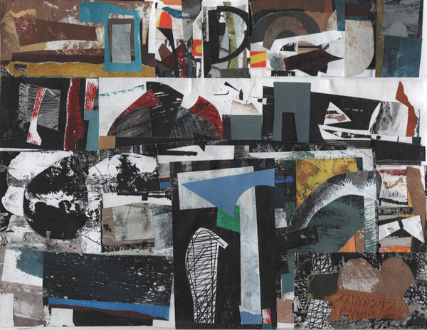 Abstract landscape collage with various shapes and colors