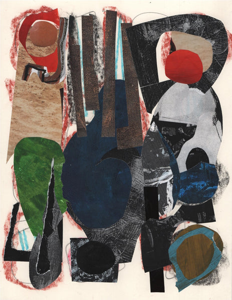 Abstract art piece with various shapes and colors on a beige background