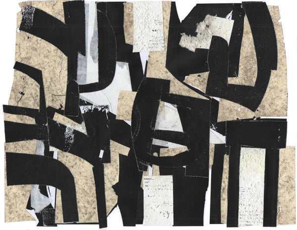 Abstract art piece with black, white, and beige shapes on a textured background