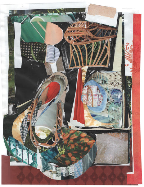 Collage art with abstract cat and various shapes and patterns on a textured background