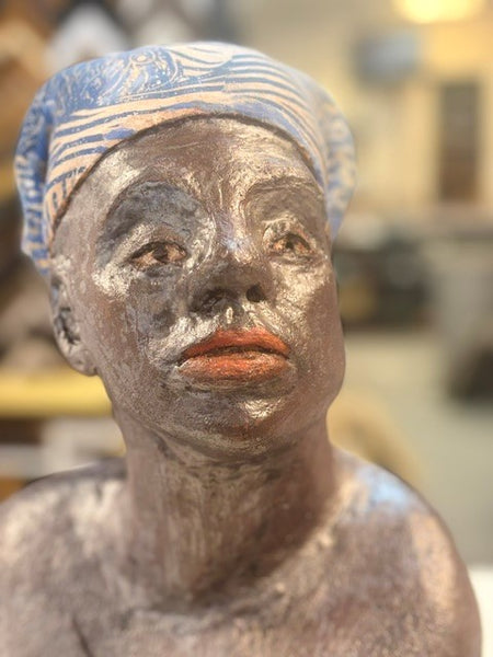 Woman with Headscarf, ceramic stoneware sculpture by Cerulean Arts Collective Member Andrea Lyons.