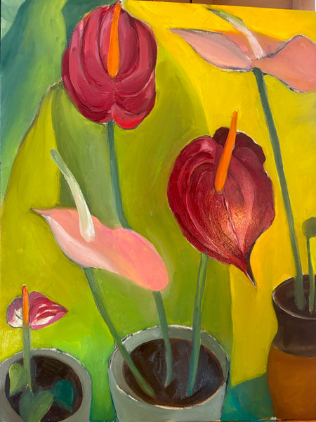 Anthurium Arrangement, oil on wood painting by Cerulean Arts Collective Member Andrea Lyons.