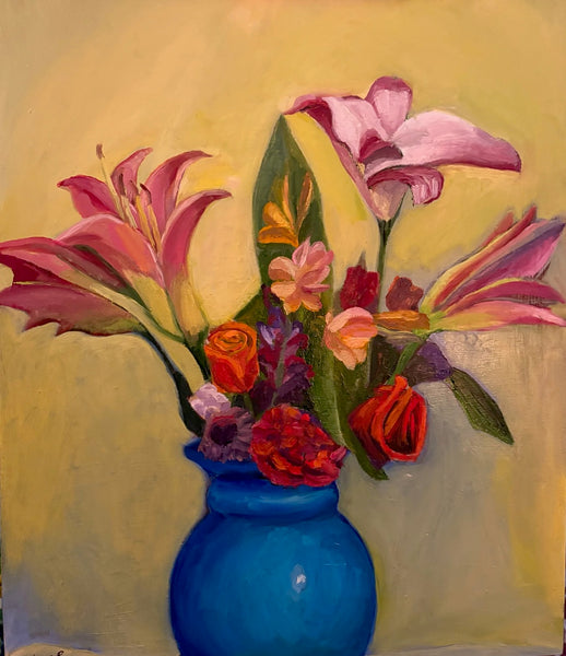 Arrangement with Three Lilies in a Blue Vase, oil on wood painting by Cerulean Arts Collective Member Andrea Lyons.