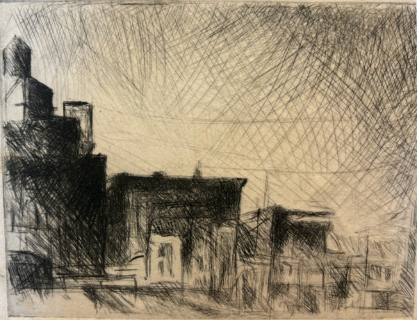City at Dusk, etching&nbsp;print by Cerulean Arts Collective Member Andrea Lyons.&nbsp;
