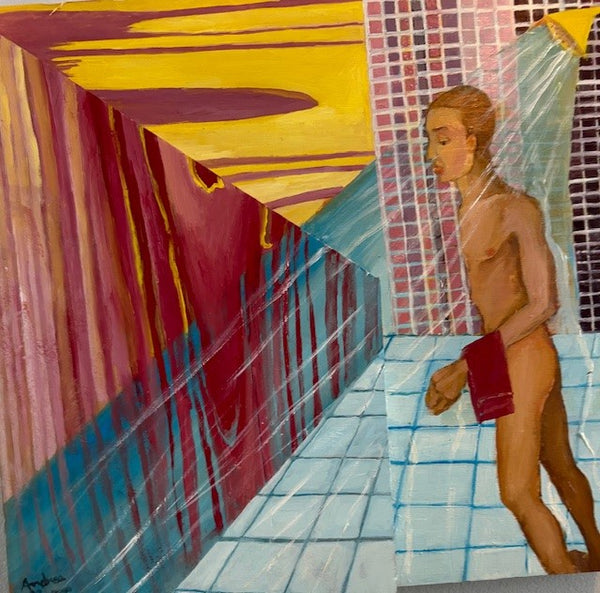 Colorful abstract painting of a person with a towel, featuring geometric shapes and vibrant colors.