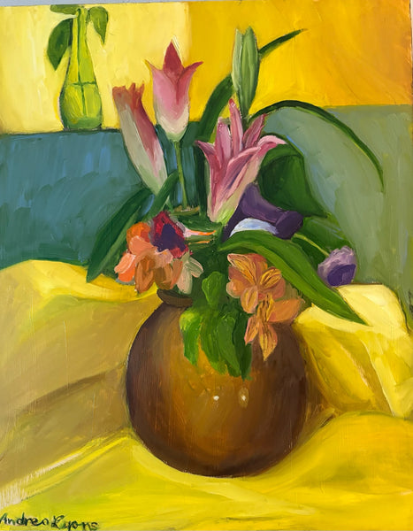 Lilies in a Vase, oil on wood painting by Cerulean Arts Collective Member Andrea Lyons.