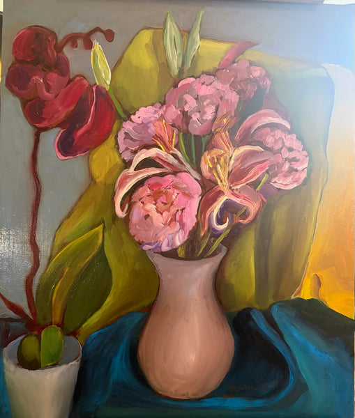 Still Life with Lilies, Orchid and Peonies, oil on wood painting by Cerulean Arts Collective Member Andrea Lyons.