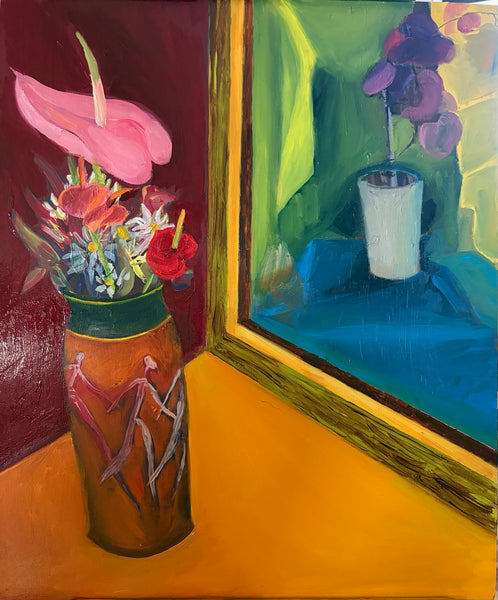 Still Life with Vase by Mitch Lyons, oil on wood painting by Cerulean Arts Collective Member Andrea Lyons.