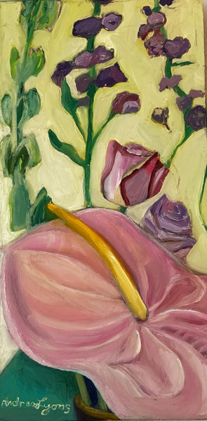 Stock, Roses and Anthurium, oil on wood painting by Cerulean Arts Collective Member Andrea Lyons.