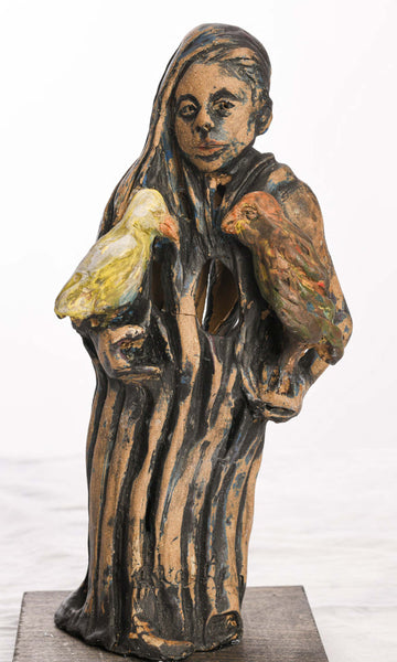 Tree Woman with Birds, stoneware ceramic sculpture with underglaze by Cerulean Arts Collective Member Andrea Lyons