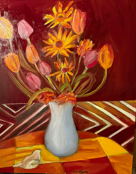 Tulips and Sunflowers, oil on wood painting by Cerulean Arts Collective Member Andrea Lyons.