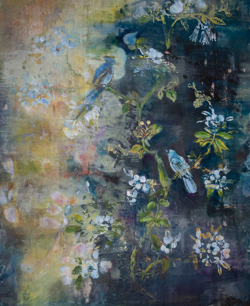 Bird Wallpaper, encaustic photograph on wood panel painting by Cerulean Arts Collective Member Leah Macdonald