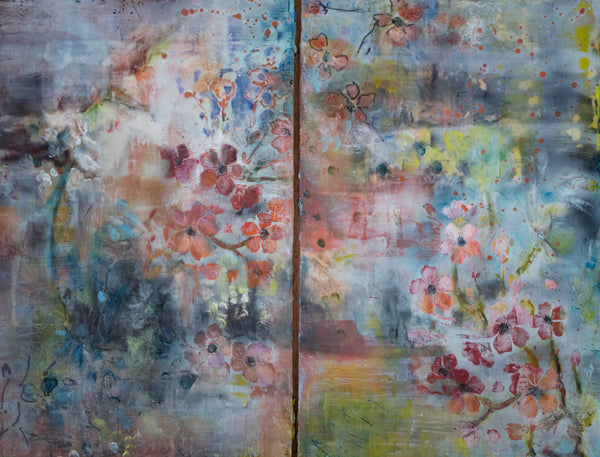 Blossom Wallpaper, encaustic on wood panel painting (diptych) by Cerulean Arts Collective Member Leah Macdonald