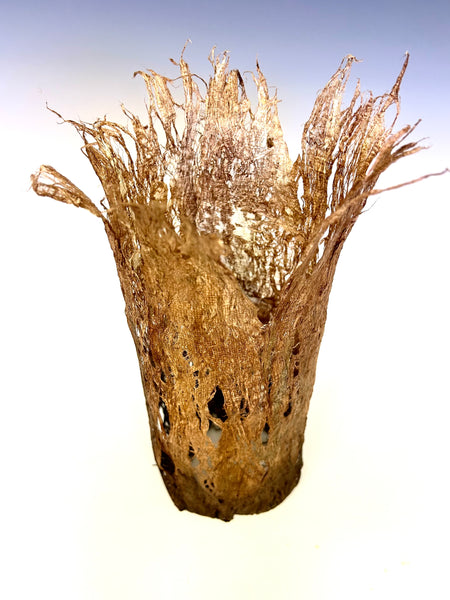 Kozo Vessel, kozo fiber with stains sculpture by Cerulean Arts Collective Member Anne Marble. 