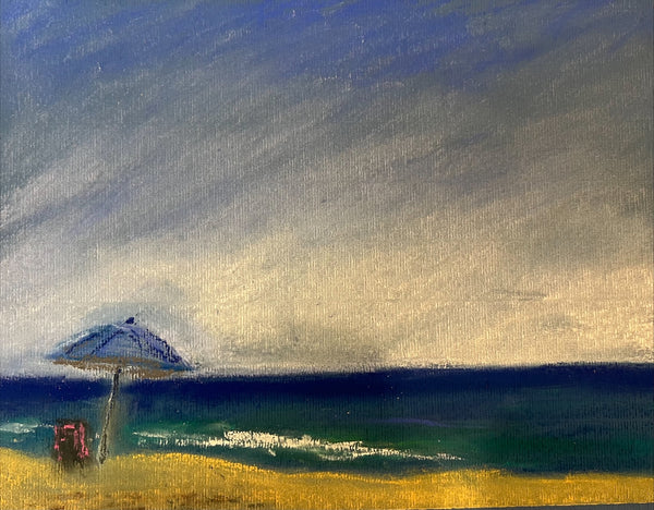 Blue umbrella along the water with a cloudy sky above, painted style