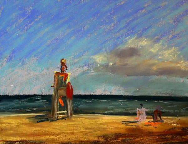 Painting of a lifeguard stand on a beach with people and a colorful sky.