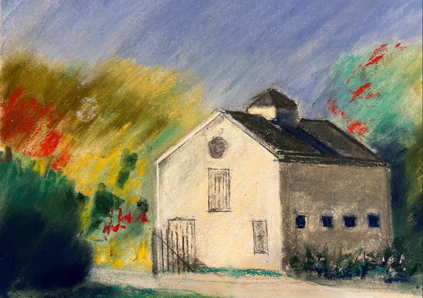 Painting of a house with colorful trees and sky