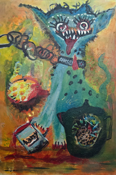 A colorful abstract painting featuring a blue cat-like figure with large eyes, sharp teeth, and a red tongue, surrounded by expressive brushstrokes in yellow, orange, green, black, and red. The word 'AUDREY' appears on a black label-like shape near the center.
