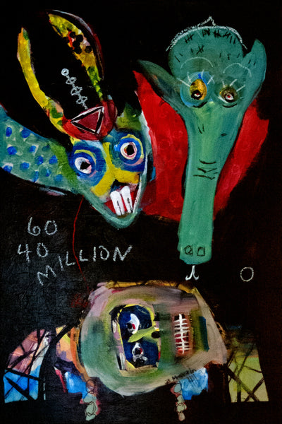 A colorful abstract painting featuring three stylized animal-like faces on a black background, with handwritten text reading '60 40 MILLION' and additional multicolored abstract shapes at the bottom.