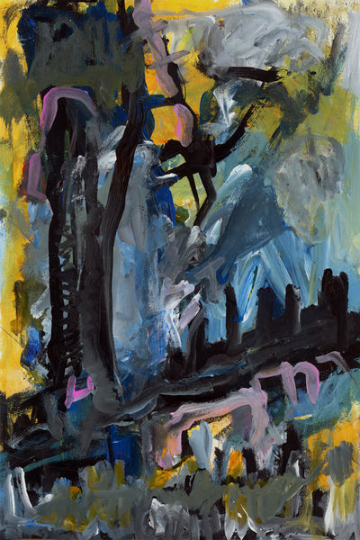 An abstract painting featuring expressive brushstrokes in blue, gray, yellow, black, and pink, with layered organic and architectural forms filling the frame.