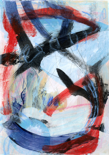 Abstract expressionist painting with dynamic, gestural brushstrokes in red, black, blue, and white, featuring a central oval form created with layered light blue, white, and red paint.
