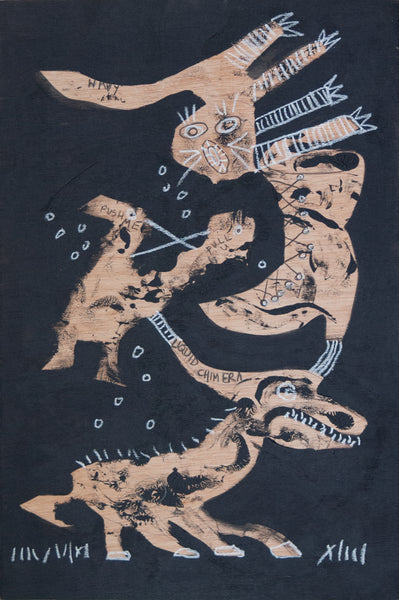 An abstract figurative artwork featuring stylized animal-like forms in beige, black, and white on a dark charcoal background. The composition includes expressive gestural marks and handwritten markings throughout.