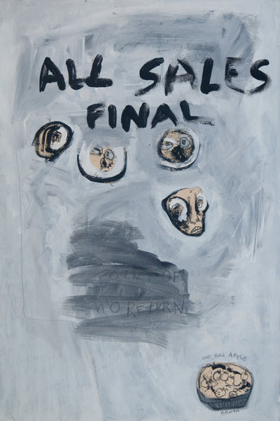 An abstract painting featuring the text 'ALL SALES FINAL' in black brushstrokes over a light gray and blue-gray background, with several small circular and oval face-like illustrations and a small bowl illustration near the bottom right.