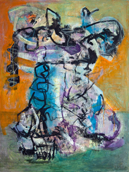 An abstract expressionist painting featuring a central figure rendered in layered brushstrokes of blue, purple, white, black, and orange, with a green base at the bottom.