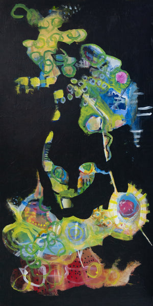 Abstract painting of a stylized figure in vibrant green, yellow, blue, and red tones against a solid black background.