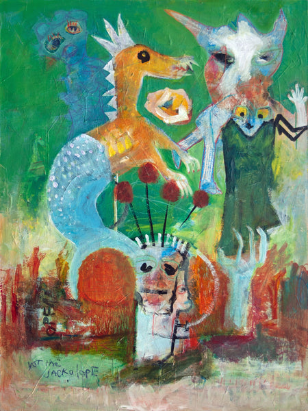 A colorful abstract painting featuring whimsical, surreal animal-like figures and faces in green, blue, orange, white, and red tones, with a signature in the lower left corner.