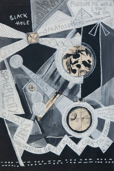 An abstract black and white artwork with layered geometric shapes, circles, and handwritten text elements such as 'BLACK HOLE,' 'STRATOSPHERE,' 'PARDON ME WHILE I TAKE THE 5th,' and 'SPHERIC.'.