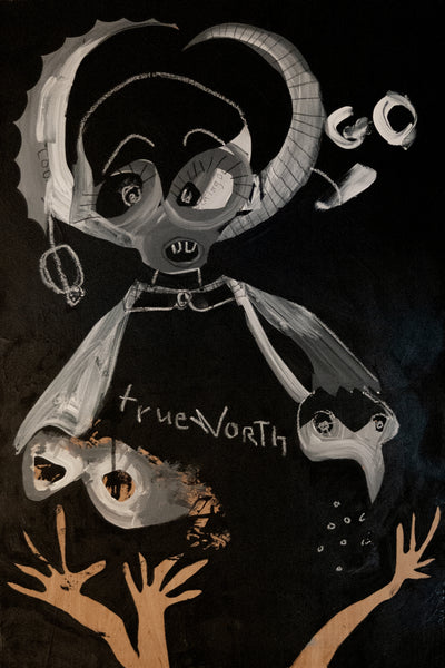 Truth Teller, acrylic, oil pastel and pencil on cradled plywood by Cerulean Arts Collective member Barbara Martin