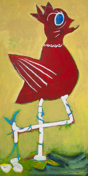 A stylized painting of a red bird or rooster with a large blue eye, white wing and leg details, standing on a green and blue ground against a yellow background.