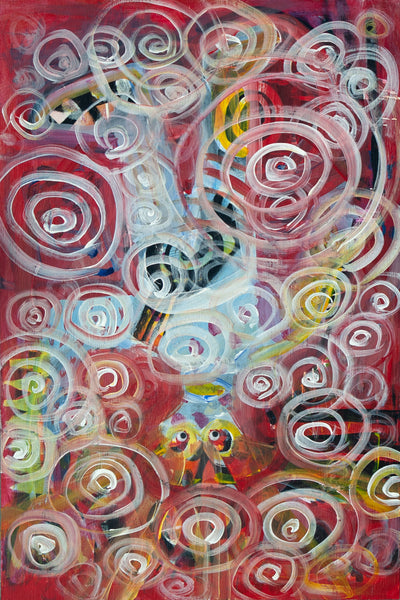 An abstract painting featuring numerous white spiral and swirl patterns layered over a vibrant red background, with smaller accents of yellow, green, and black.