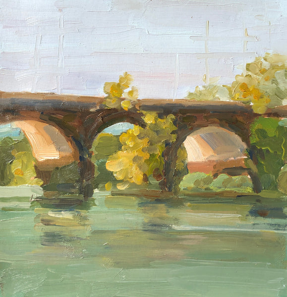 Schuylkill Bridge, oil on paper on panel painting by Philadelphia artist Missy Maxwell, available at Cerulean Arts.