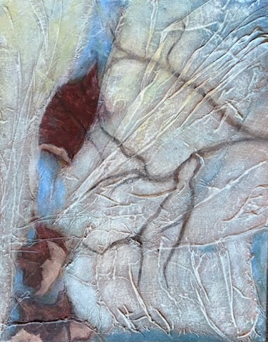 Abstract textured artwork with a mix of earthy tones and light colors