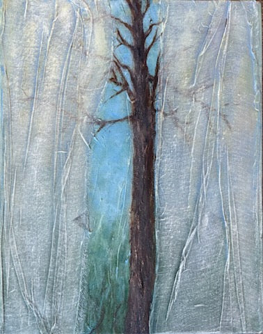 Artistic depiction of a tree against a textured blue background