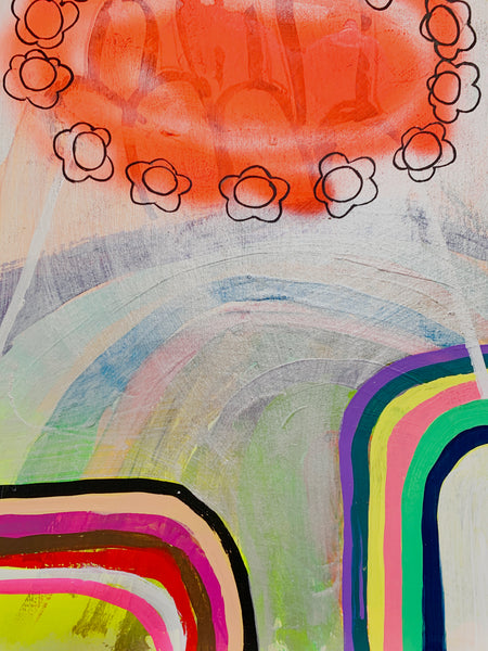 Abstract artwork with colorful curved lines and floral shapes.