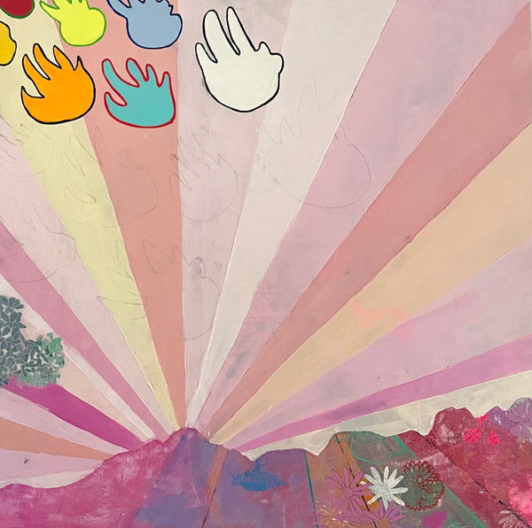 Colorful abstract design with handprints and floral elements on a textured background