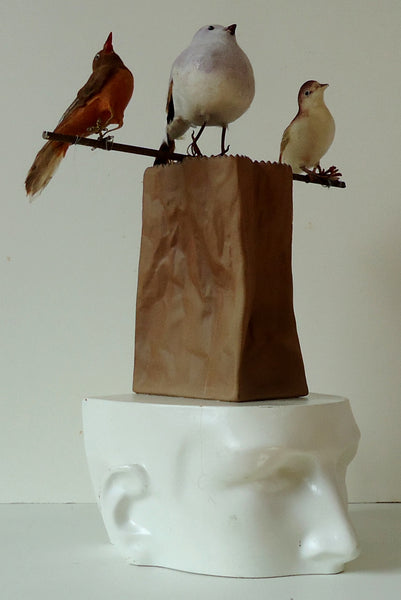 Bird Brained, found object assemblage sculpture by Cerulean Arts Collective member Kathleen McSherry. 