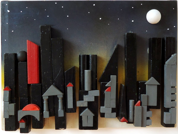 Cityscape II, found object assemblage sculpture by Cerulean Arts Collective member Kathleen McSherry. 