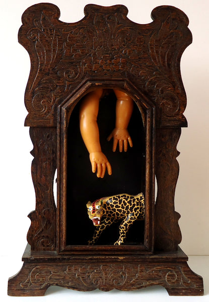 Here Kitty, Kitty, Kitty ..., found object assemblage sculputure by Cerulean Arts Collective member Kathleen McSherry.
