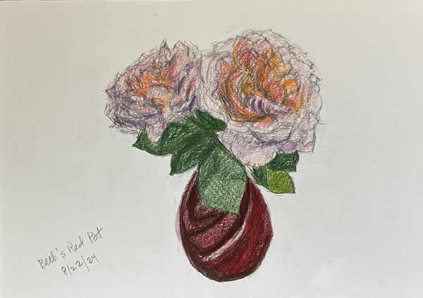 Beth's Red Pot, pencil and color pencil drawing on paper by Philadelphia artist Peggy Merves, available at Cerulean Arts