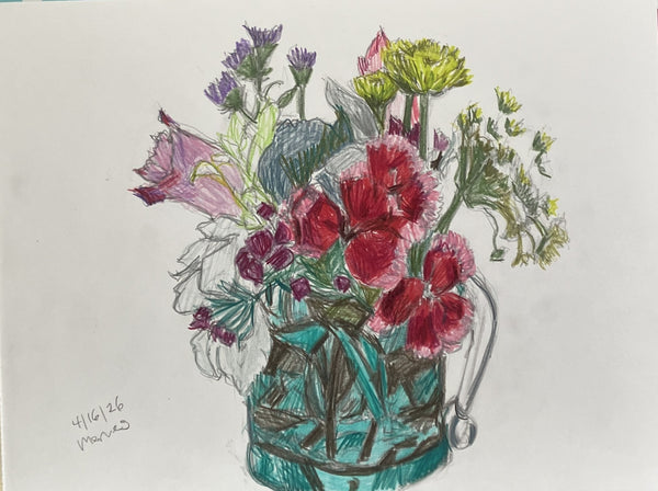 Peggy Merves: Small Bouquet, Green Glass Pitcher