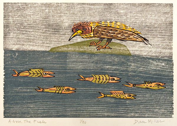 Woodcut print of a bird watching fish in a stream with a textured background