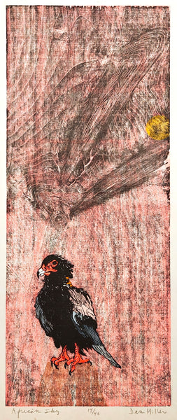 Woodcut print of a bird on a textured reddish brown background
